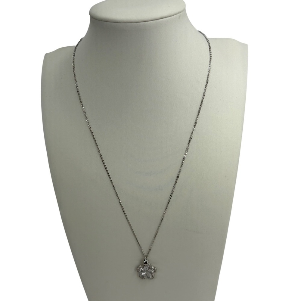 Silver Tone Flower Pendant Necklace Clear Cubic Zirconia Crystal Floral Sterling